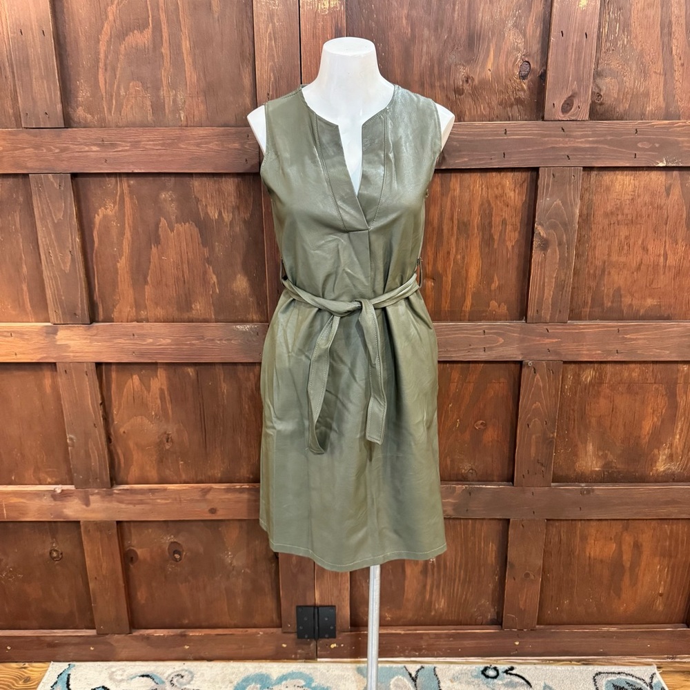 Sleeveless Olive Green Faux-Leather Midi Dress with Self-Tie Belt